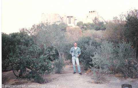 Man in jeans among shrubs and olive trees, Acropolis ruins in the background