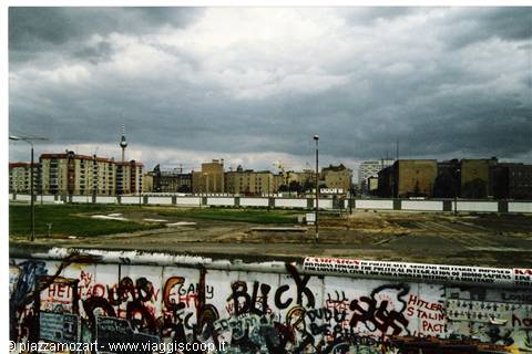 Graffiti-covered Berlin Wall with the TV Tower in the distance under cloudy skies