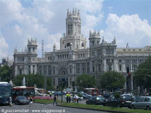 Cibeles Palace in Madrid, white facade under clouds, plaza traffic below