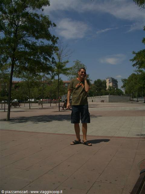 Man in green shirt talking on the phone in a tree-lined square