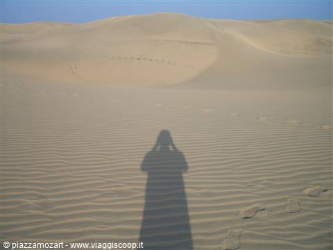 The photographer's shadow on rippled sand in front of dunes