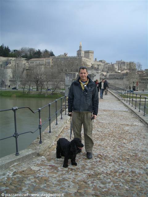 Man with black dog on Avignon bridge, Papal Palace behind