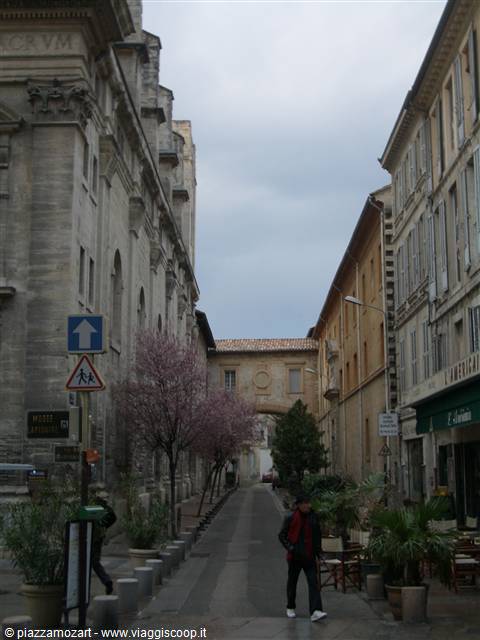 Narrow street between stone buildings in Nîmes, pink blossoming trees, grey sky