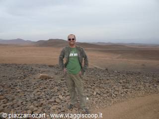 Man in green shirt standing on rocky desert ground under gray sky