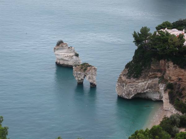 Limestone sea stacks at Baia delle Zagare, Gargano, with cliffs and pine trees