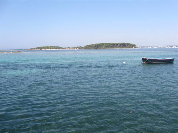 Wooden boat anchored on turquoise sea, green island in the background