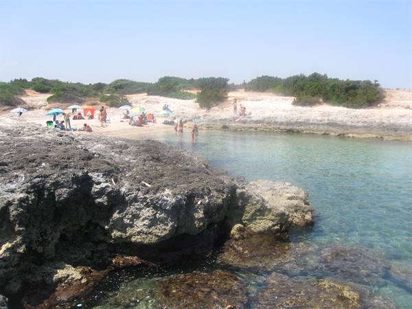 Swimmers among white rocks and clear water, umbrellas on the small beach