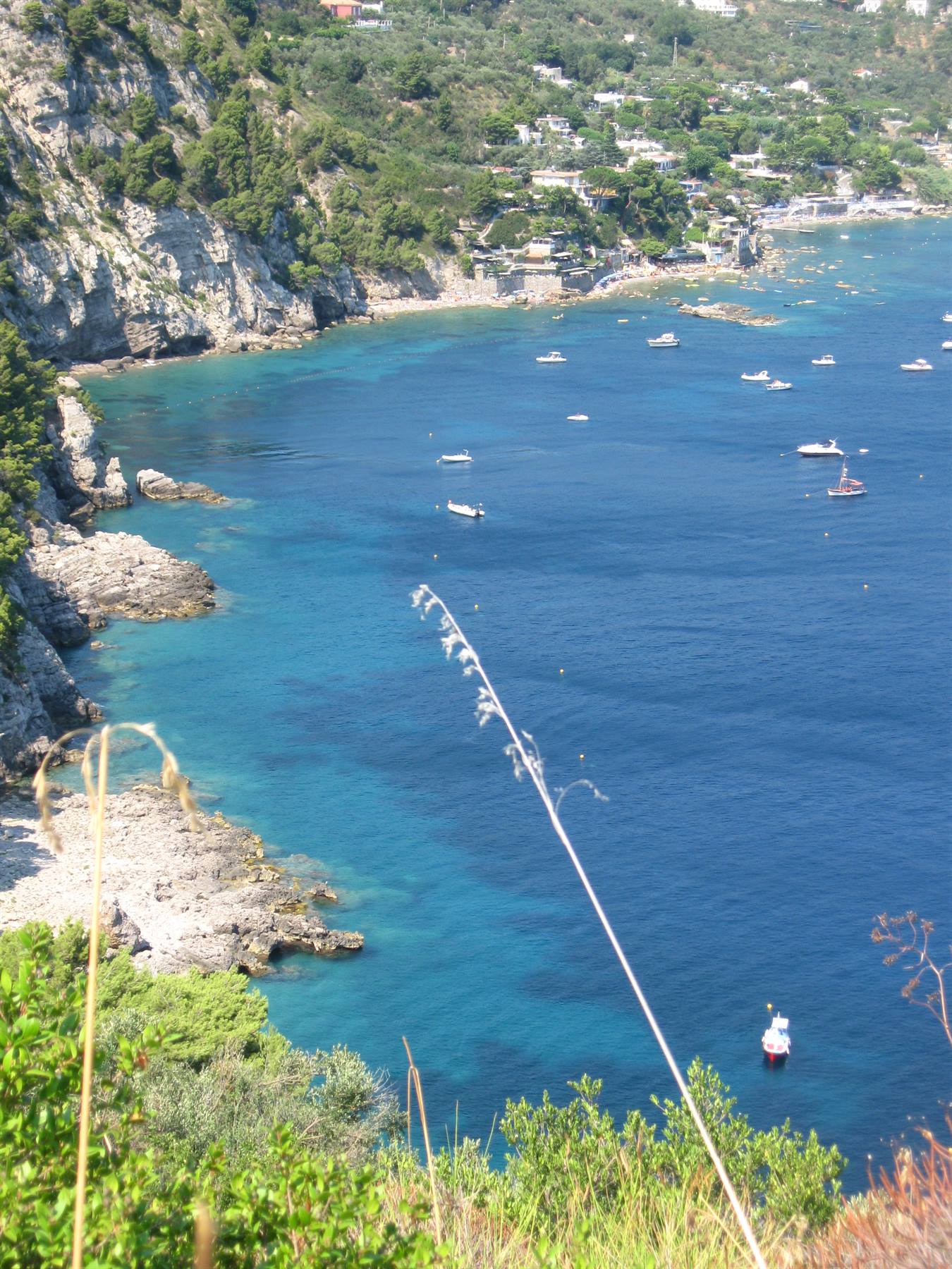 Barche ancorate in una baia turchese tra scogliere verdi, Capri