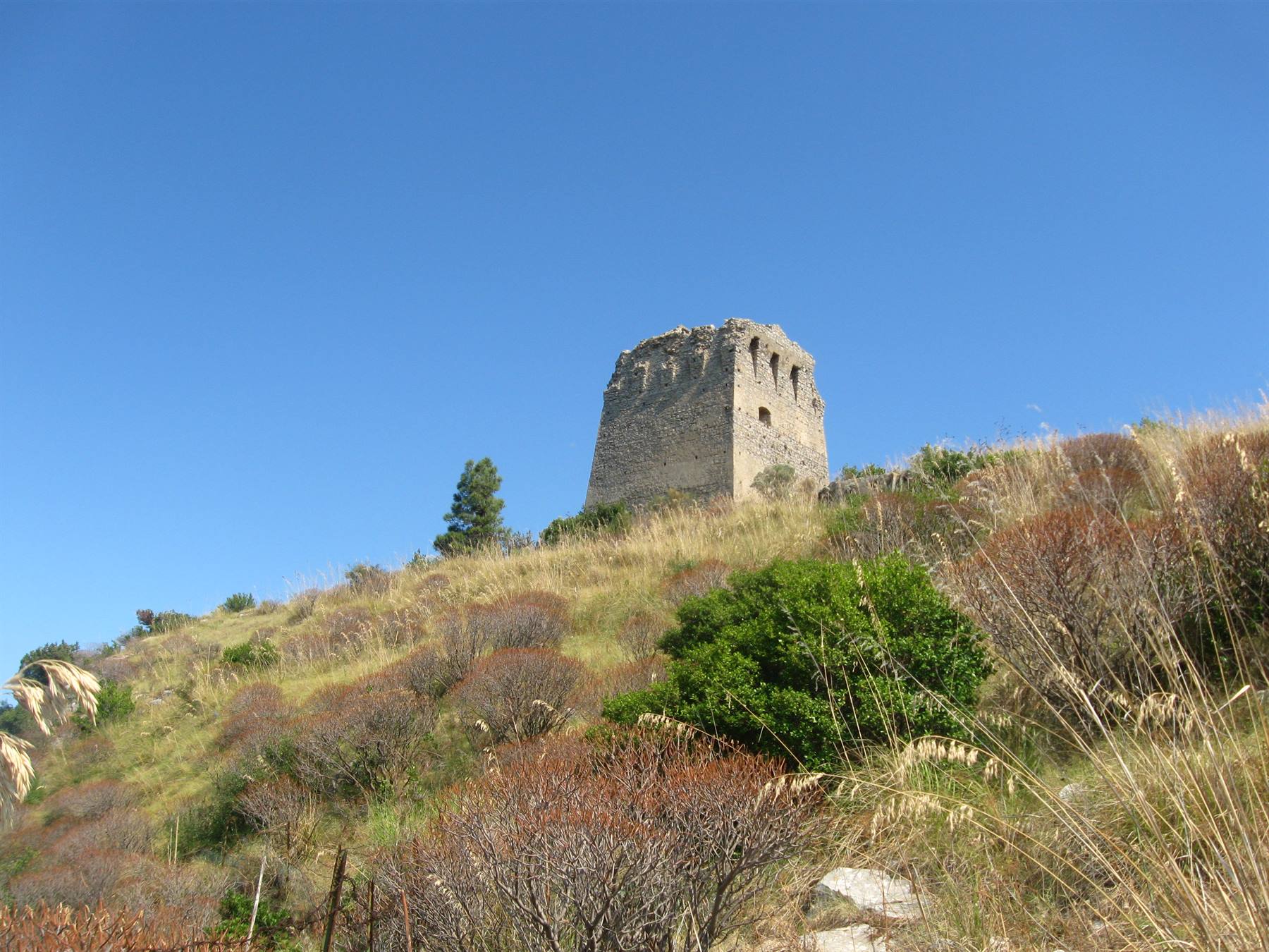 Antica torre in pietra sulla collina erbosa, macchia mediterranea, cielo azzurro