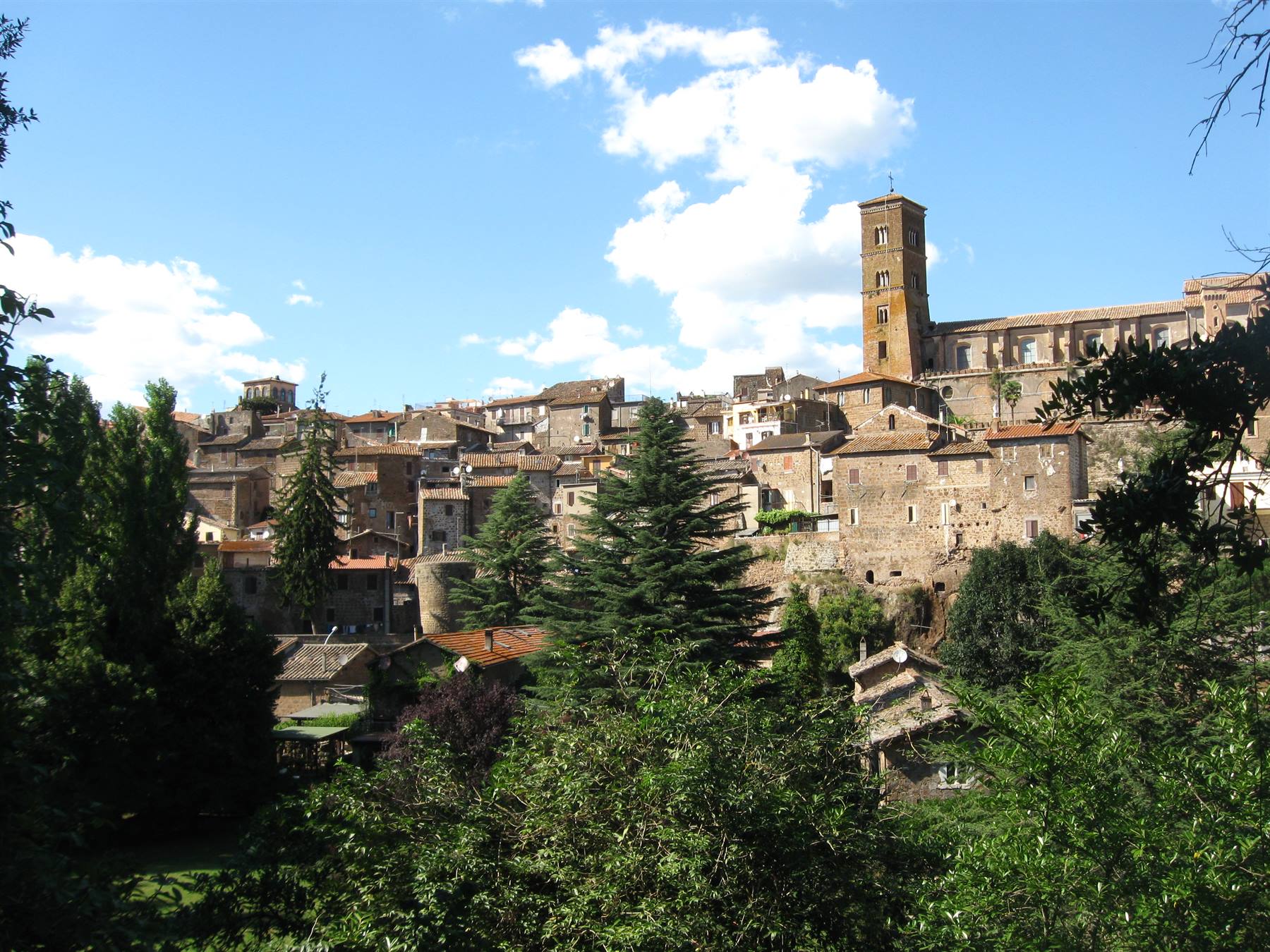 Borgo medievale in tufo con campanile romanico, case sovrapposte tra alberi verdi