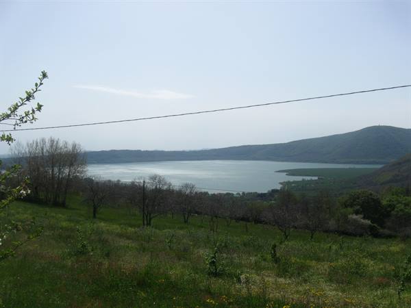 Lake Albano seen from a green meadow above, hills and power line in daylight