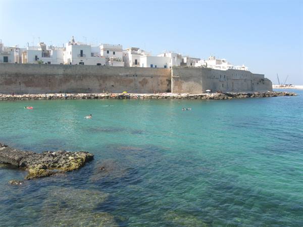Swimmers in turquoise water beneath old walls and white houses of Monopoli