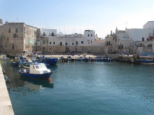 Blue fishing boats in Monopoli's old harbor among white sunlit stone houses