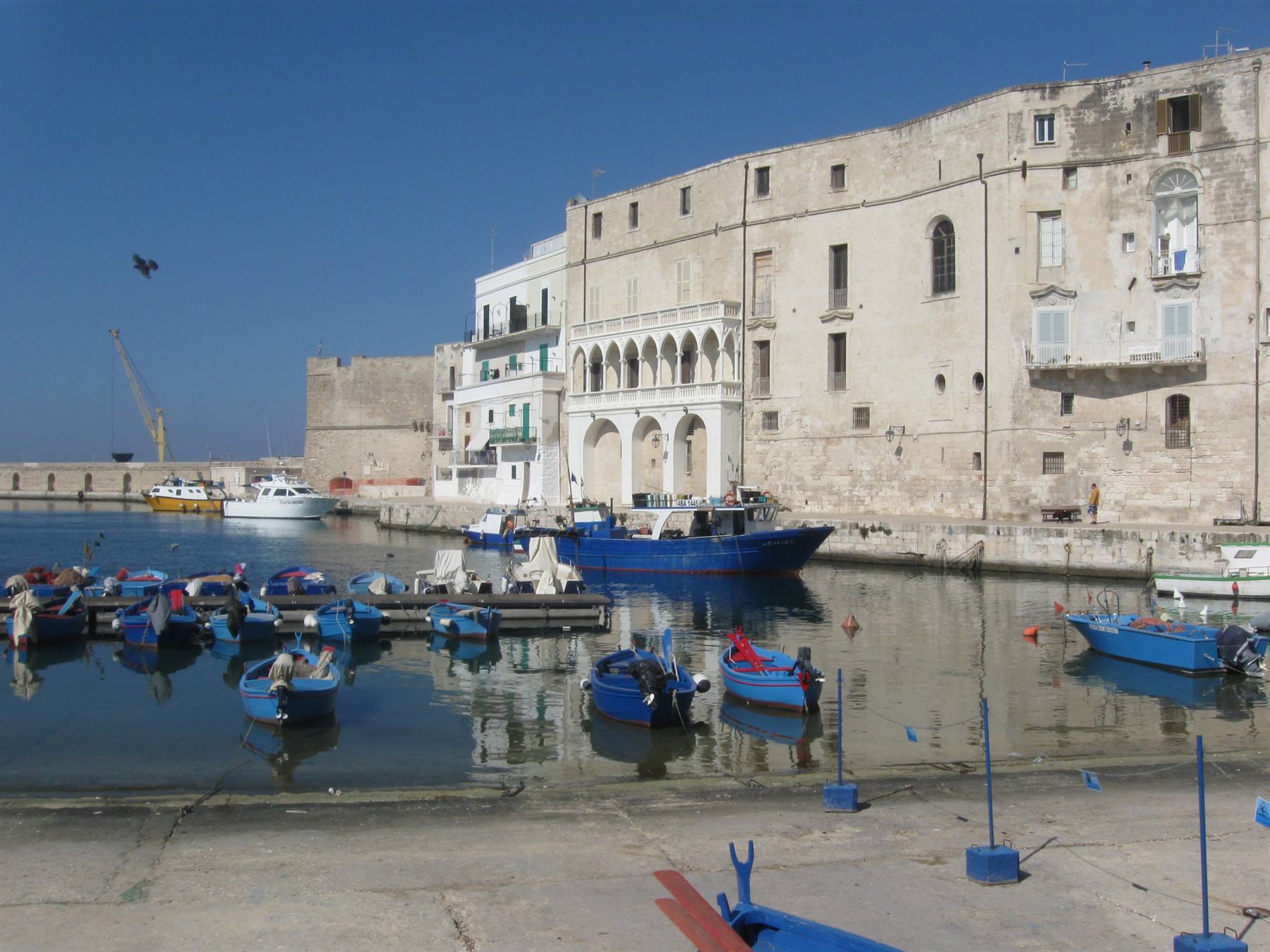 Barche blu ormeggiate nel porto di Monopoli davanti a palazzi antichi