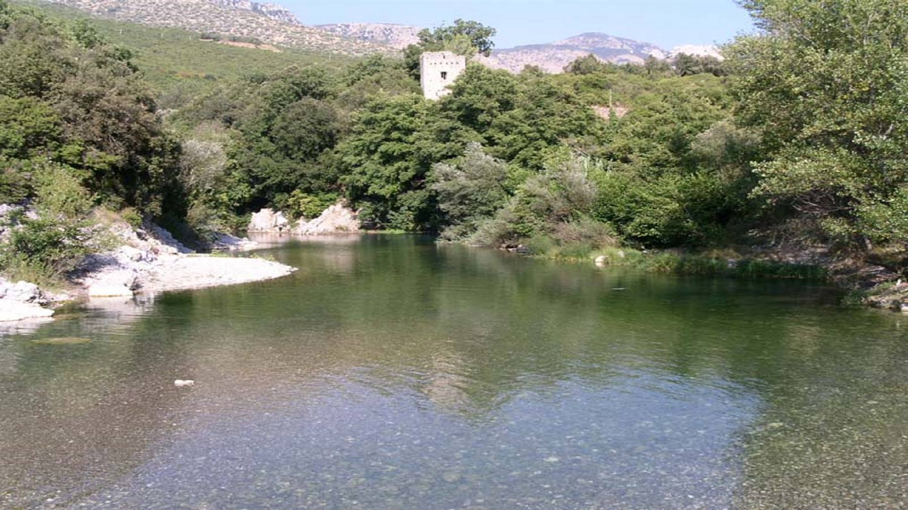 Fiume dalle acque trasparenti tra boschi, con antica torre di pietra sulla riva