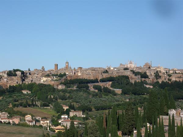 Orvieto: tufa hilltop town with cathedral and towers among green cypresses