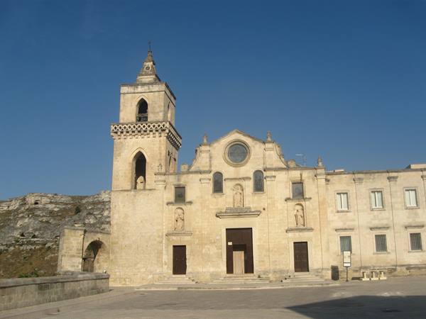 San Pietro Caveoso church with bell tower, limestone facade, Matera