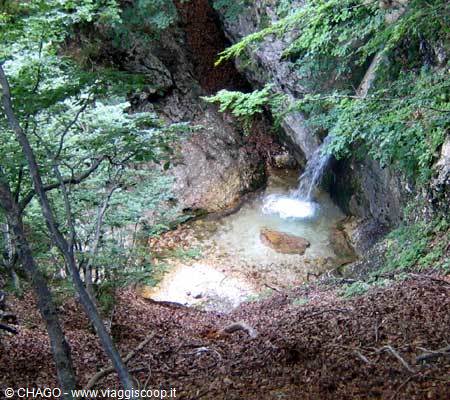 Small waterfall in Forra del Lume, falling into a rocky pool among green forest