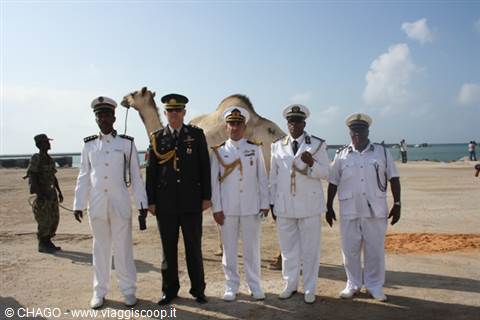 Officers in white uniforms pose with a camel on the beach