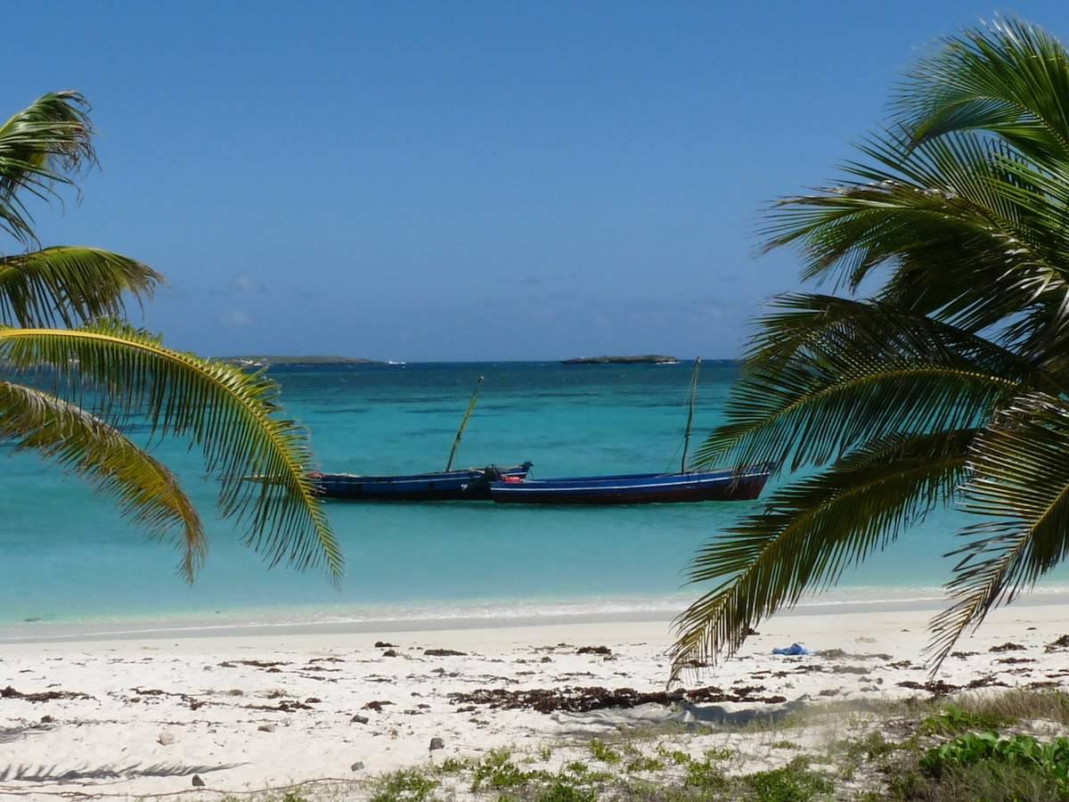Barche da pesca ancorate su acqua turchese, spiaggia di sabbia bianca e palme