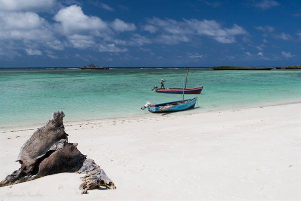 Two wooden fishing boats moored on white sand, driftwood in foreground