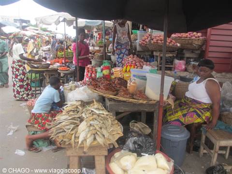 Women sell dried fish and onions under umbrellas at an African market