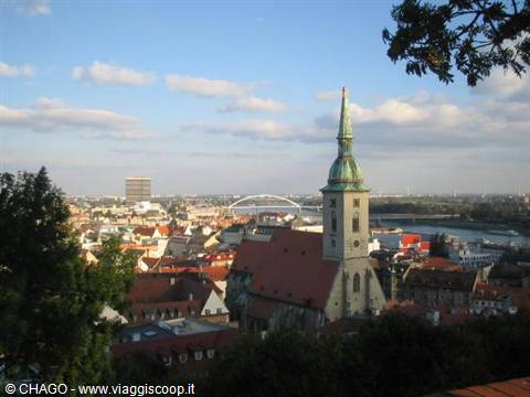 St. Martin's Cathedral in Bratislava with the SNP Bridge over the Danube