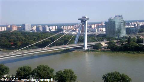 UFO Bridge over the Danube in Bratislava, steel cables and observation tower