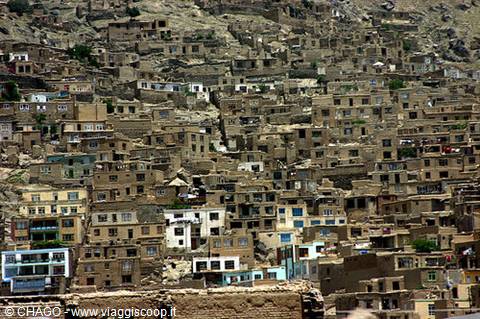 Old mud-brick houses of Leh climb the hillside under bright sun