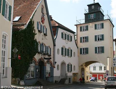 The Wassertor in Isny im Allgäu, arch tower among half-timbered houses