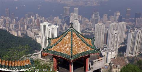 Pavilion with green and orange tiled roof above Hong Kong skyscrapers
