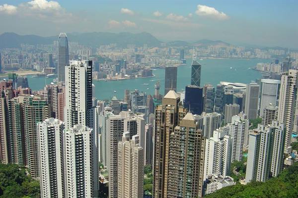 Hong Kong skyscrapers and harbour seen from Victoria Peak in daylight