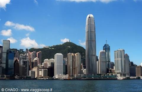 Hong Kong skyscrapers and Victoria Peak reflected in the bay under blue sky