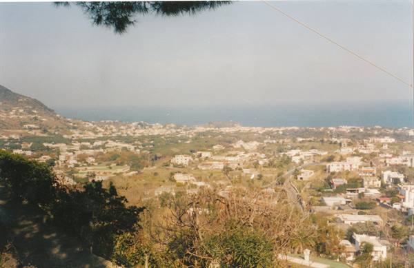 White town among trees and green hillside facing the blue sea