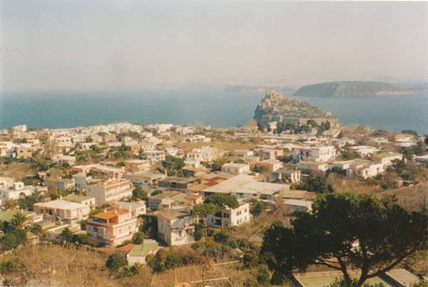 Ischia: white houses and the Aragonese Castle on the rock, in the haze