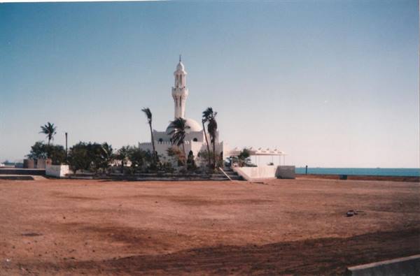 White mosque with minaret by the sea, sand and palm trees