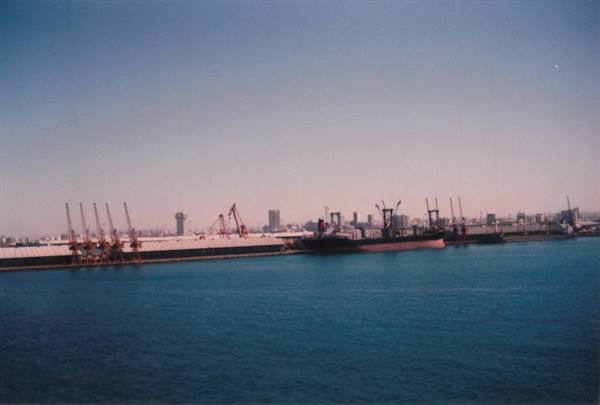 Container ships and cranes moored at the harbor under clear sky