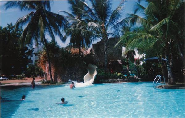 White waterslide into turquoise pool surrounded by palm trees, people swimming