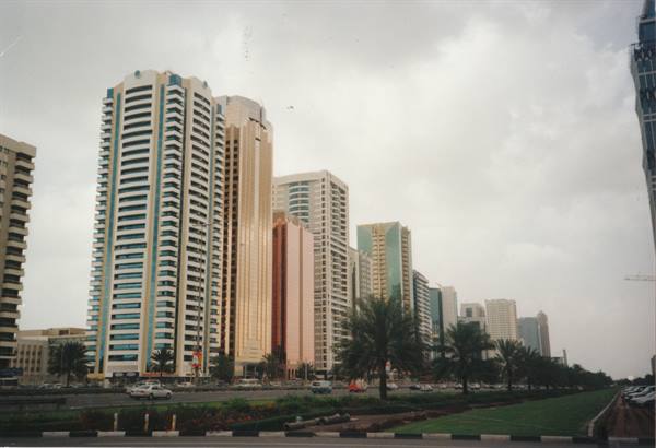 Skyscrapers along the Corniche road with palm trees, Abu Dhabi