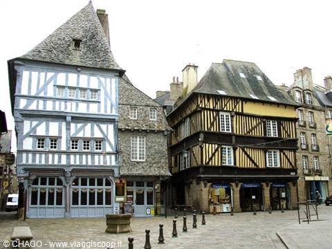 Half-timbered wooden and stone houses on a cobbled square, Quimper