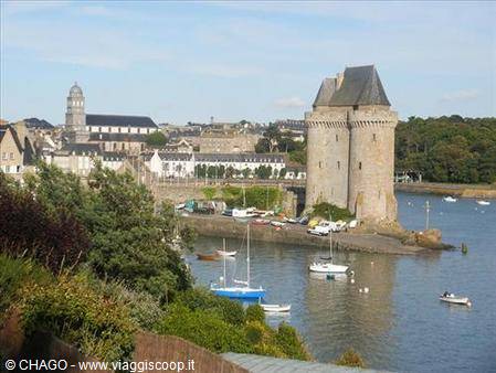 Solidor Tower in stone by the estuary, boats moored, Saint-Malo