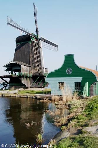 Wooden windmill at Zaanse Schans with green houses reflected in the water