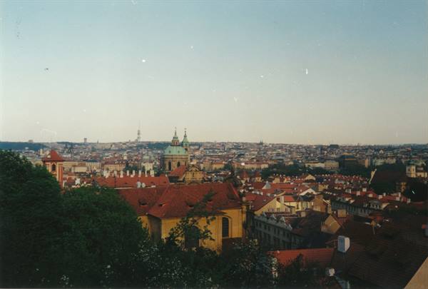 Red rooftops of Prague with green domes under evening sky