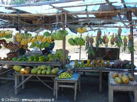 Fruit market with hanging bananas and pineapples under wooden tarp stall