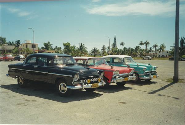 Vintage black, red and turquoise cars parked on sunny lot with palm trees