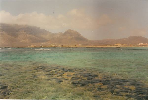 Turquoise water with reef rocks and arid mountains on Socotra's coast