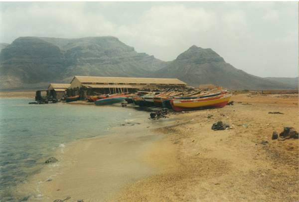 Colorful fishing boats hauled on sandy beach, sheds and arid mountains behind