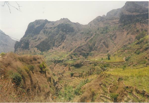 Cultivated terraces between arid rocky mountains in Paul valley, Santo Antão