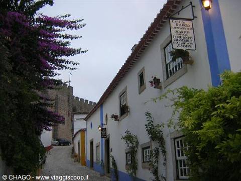 Whitewashed houses with blue trim in Óbidos, flowering bougainvillea and castle