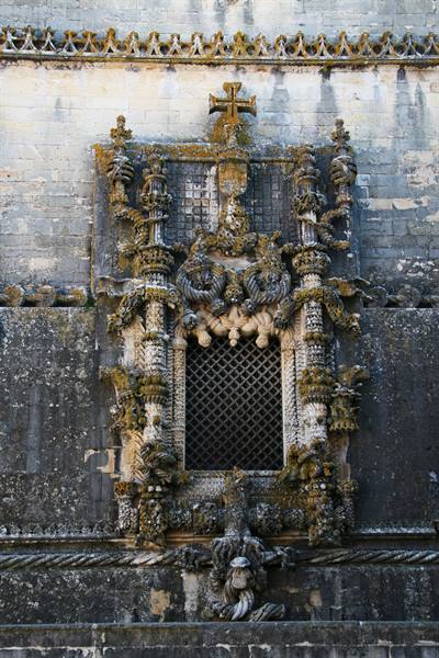 Manueline stone-carved window with Christ cross, Convent of Christ, Tomar